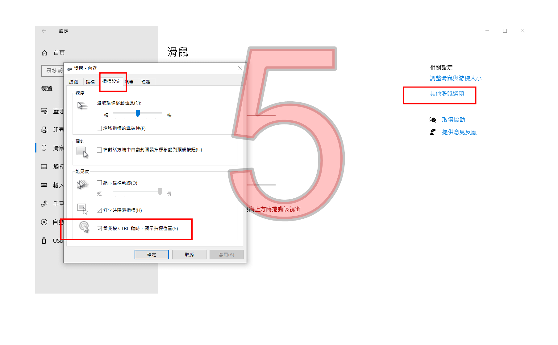 勾選按 Ctrl 顯示滑鼠位置
