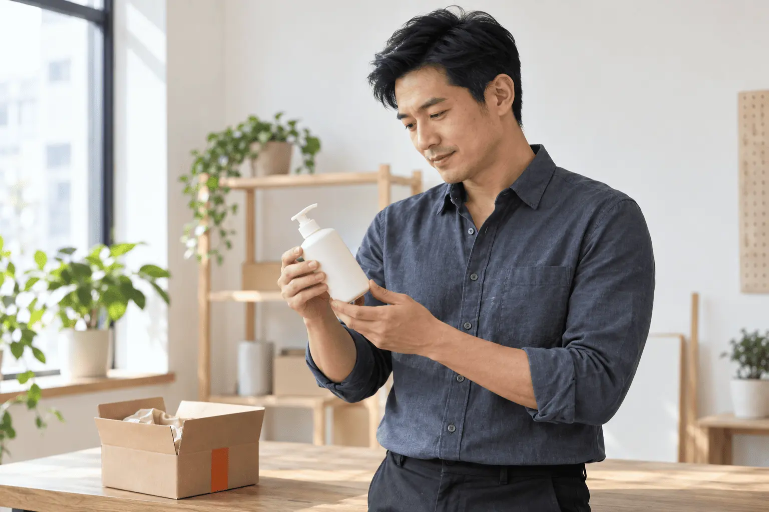 男性電商經營者在工作桌旁檢查按壓瓶商品與包裝（AI 情境示意）