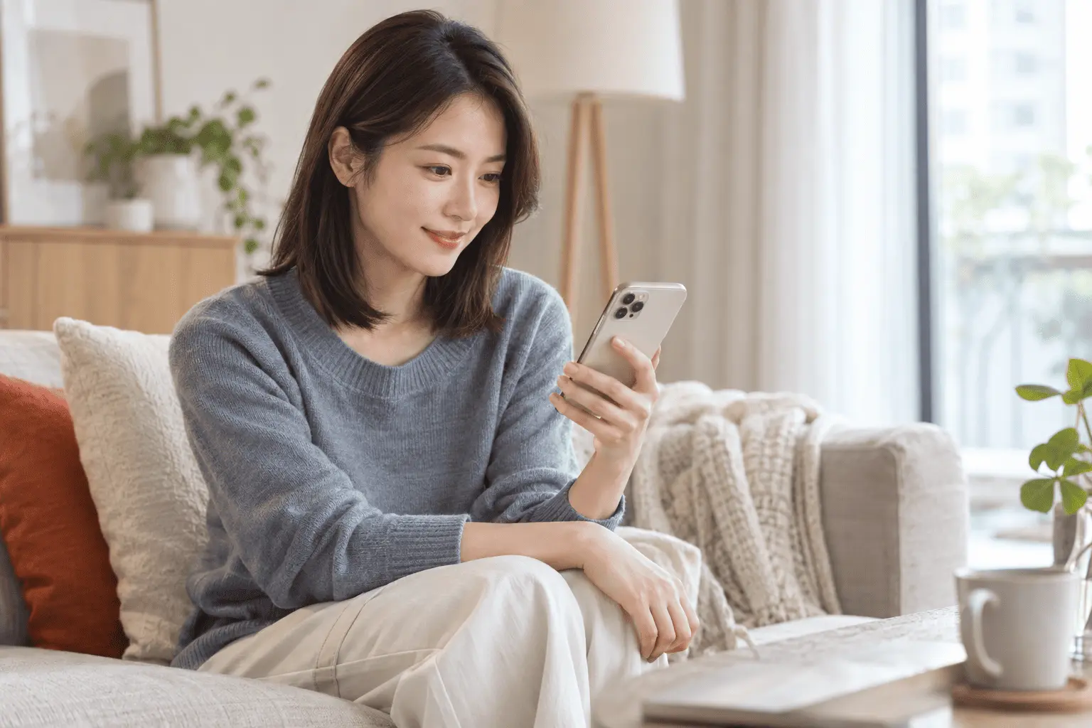 女性消費者在明亮客廳使用手機瀏覽商品資訊（AI 情境示意）