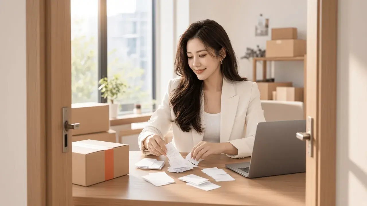 女性在桌曆旁整理收支單據