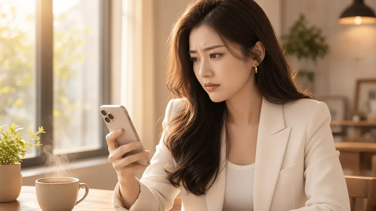 女性專注閱讀手機通知