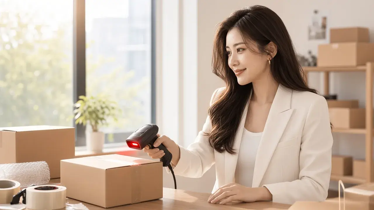 女性在出貨區查看包裹標籤