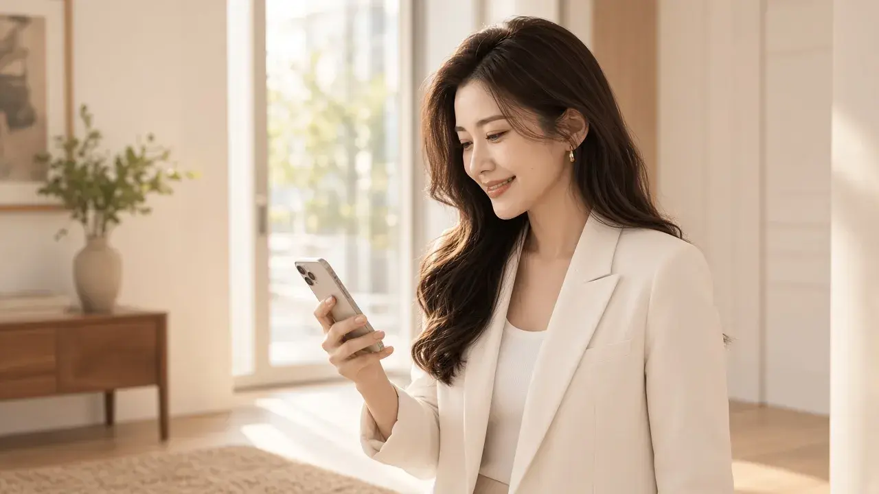 女性在手機上確認入帳