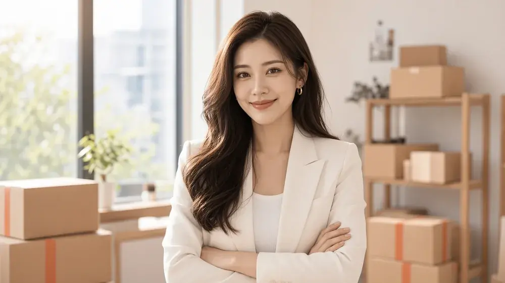 在出貨工作室雙手交叉微笑的女賣家