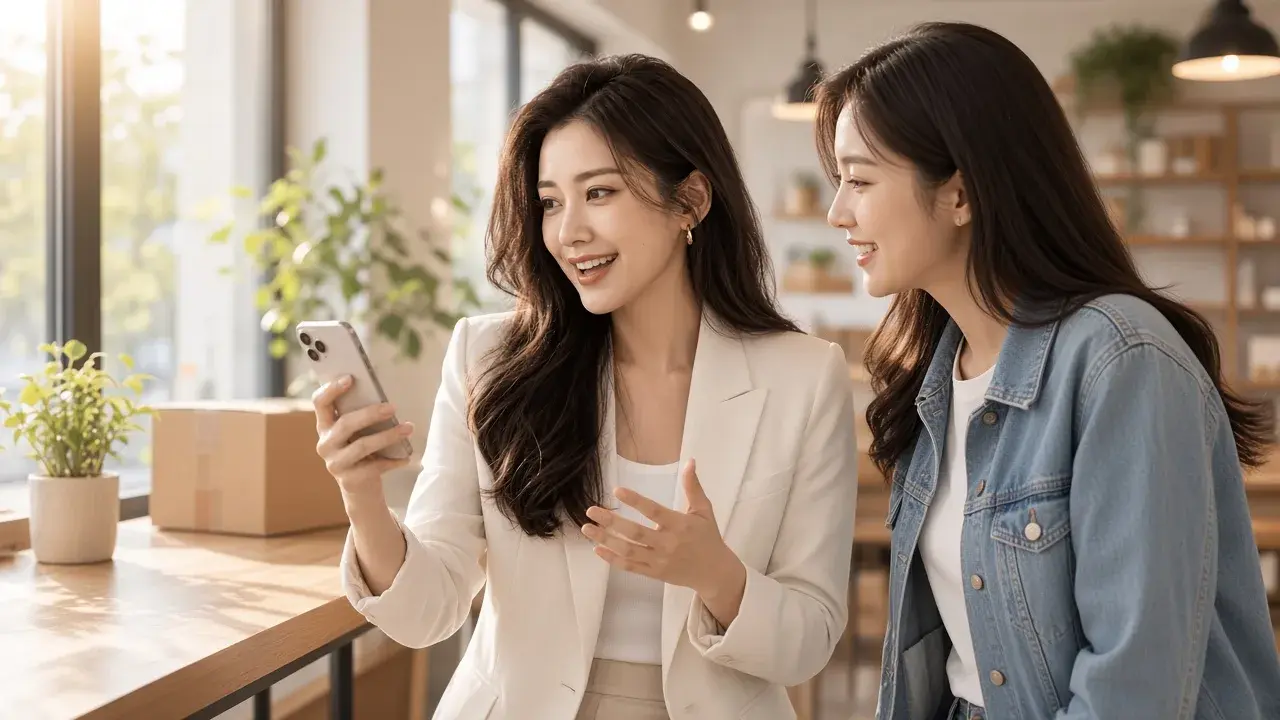 女性站著拿手機與朋友聊天討論