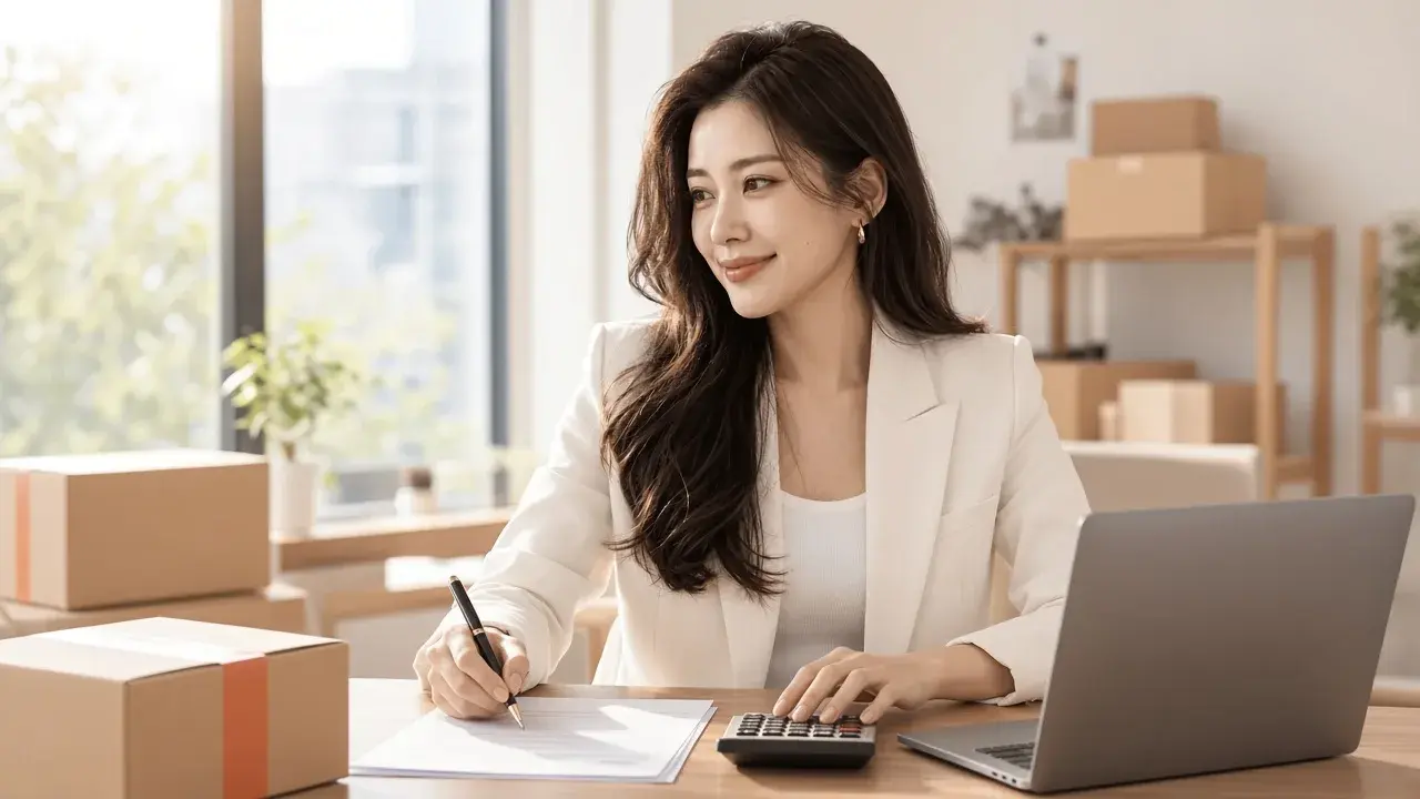 女性在辦公桌前用計算機核算成本並撰寫報告