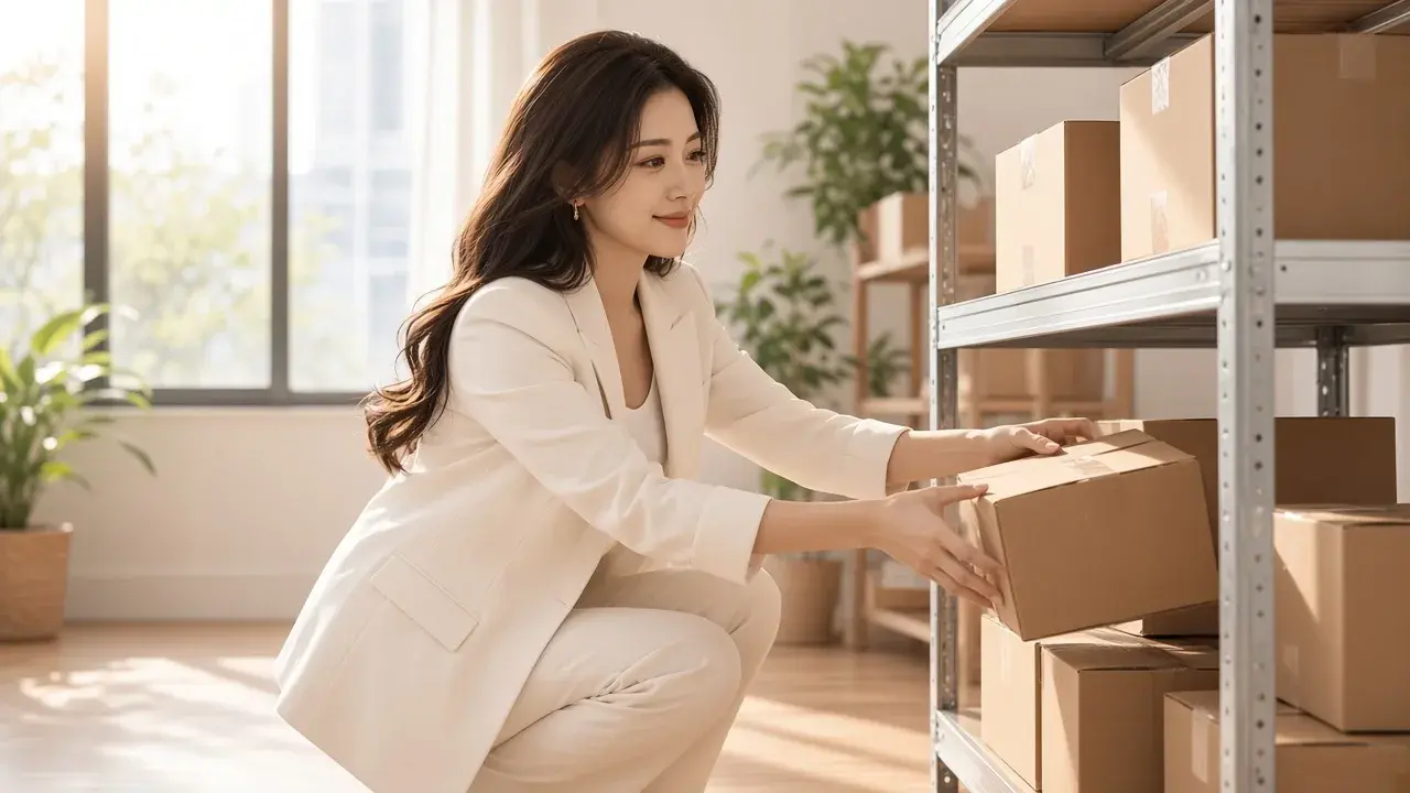 女性整理倉庫庫存，對應「假設案例：何時補、補多少」