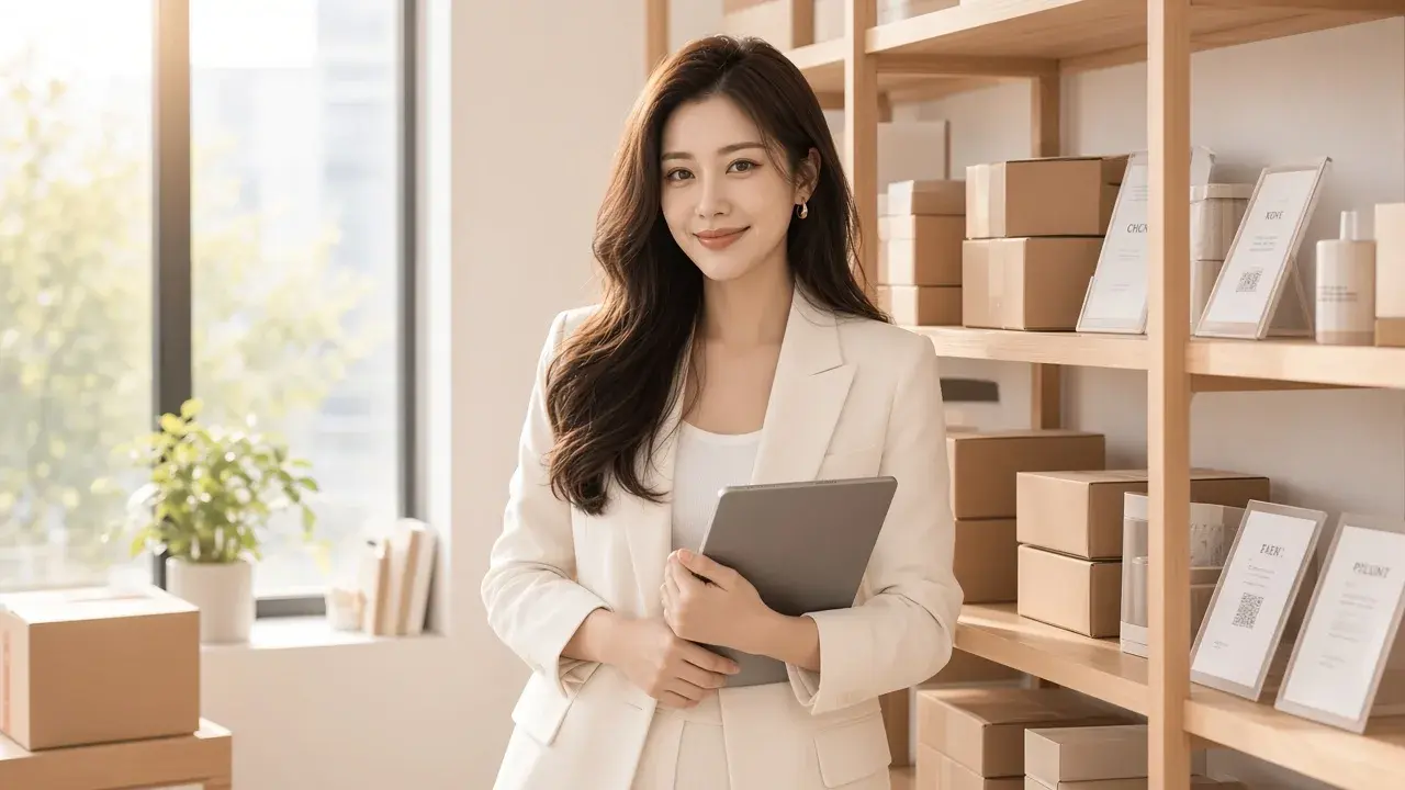 女性站在貨架旁正面拿著平板