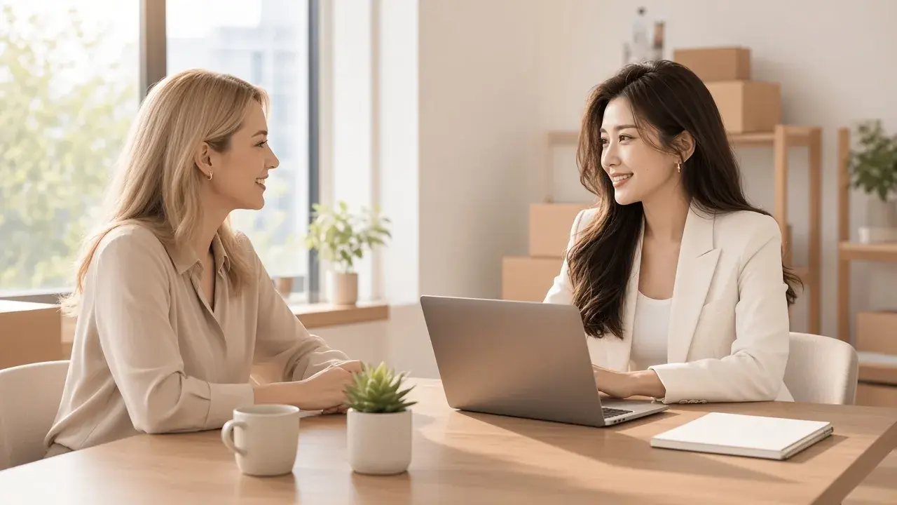 女性與同事討論客服分工