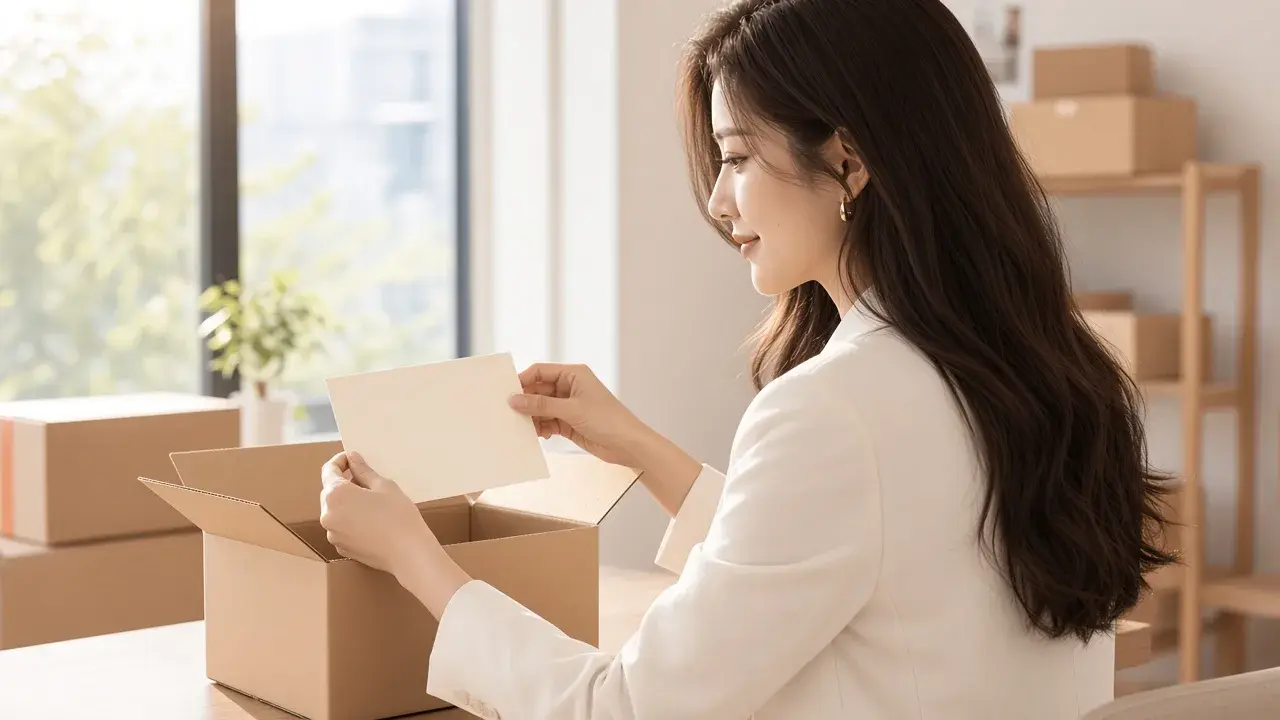 女性處理包裹出貨，對應「資格與獲利都不能保證」
