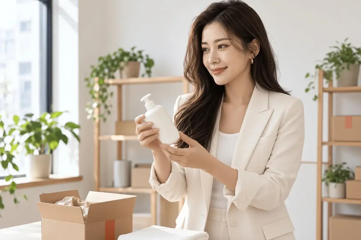 蝦廣代言人在工作室檢查按壓瓶商品與出貨包裝