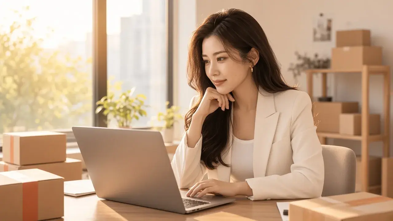 女性查看數據圖表，對應「進階數據監控與成效評估 (KPIs)」