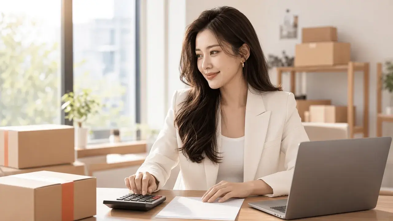 女性用計算機核對訂單費用明細